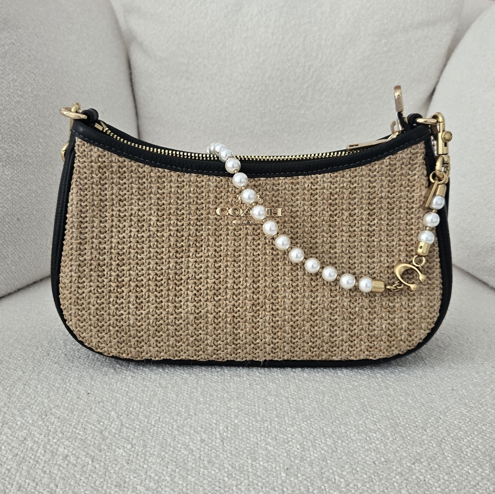 Coach Teri Shoulder Bag - Raffia Straw Toast/Black